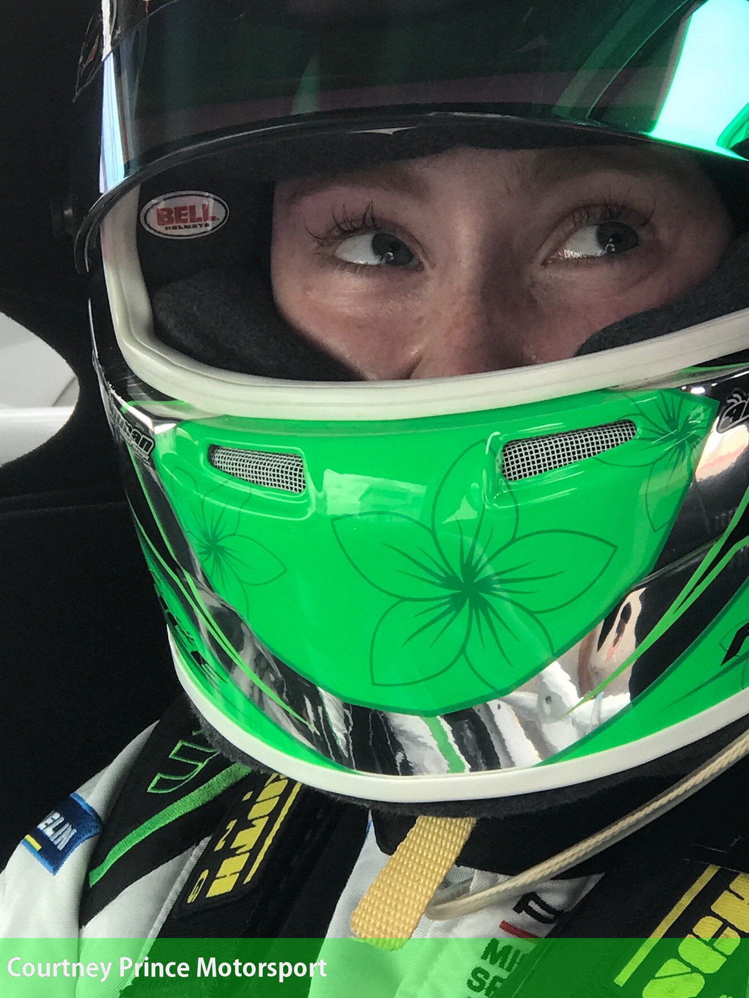 Courtney wearing her new helmet. Courtney Prince Motorsport, 2020.